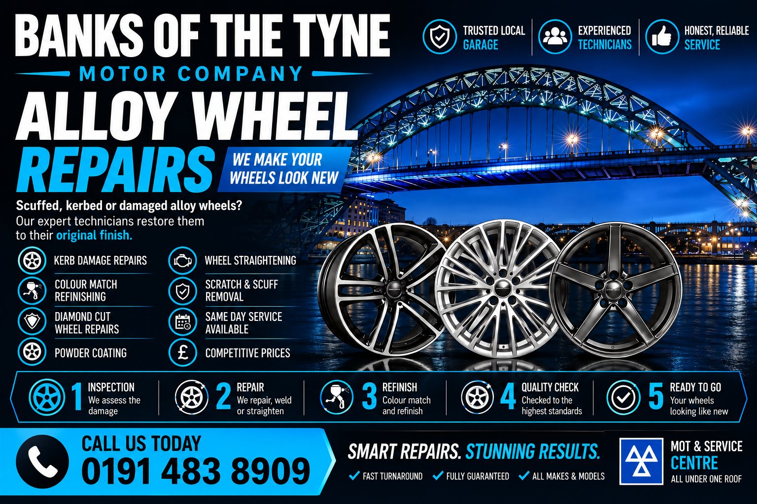 Alloy wheel repairs at Banks of the Tyne Motor Company, Hebburn
