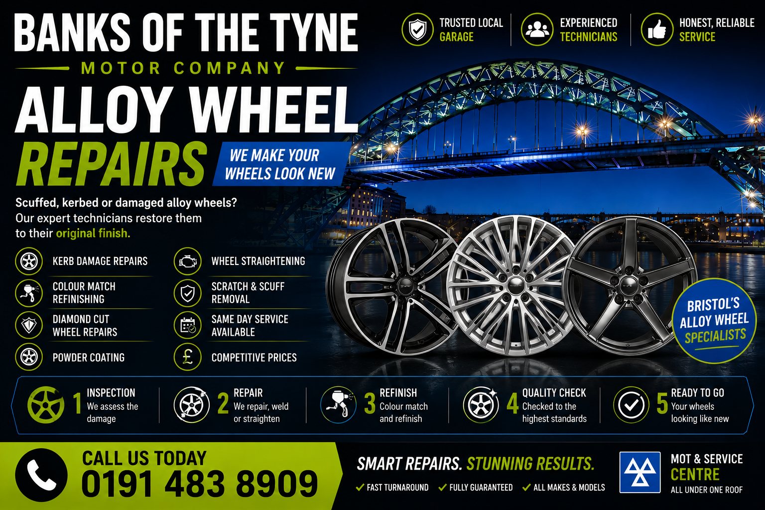 Alloy wheel repairs at Banks of the Tyne Motor Company, Hebburn
