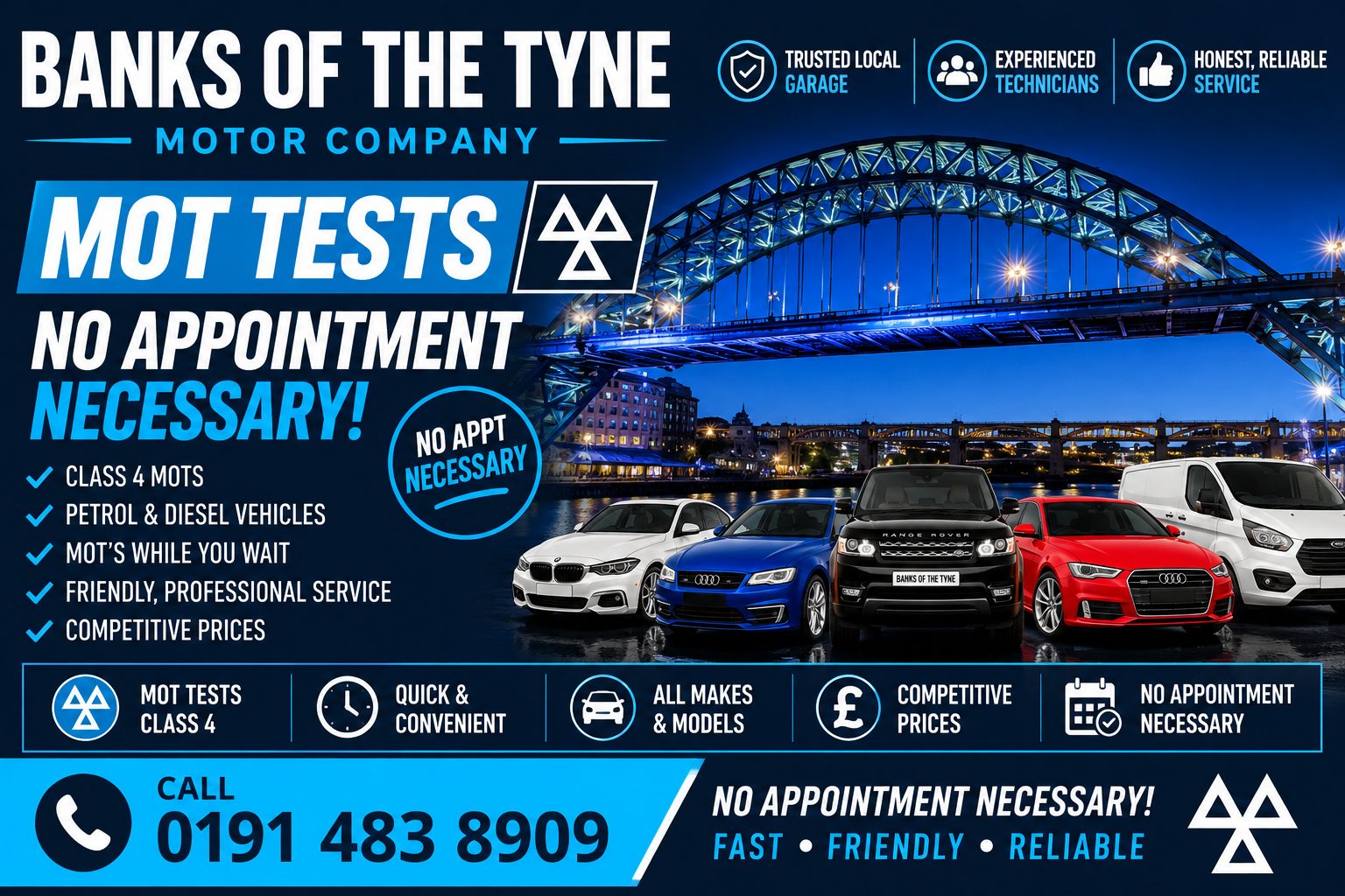 MOT tests at Banks of the Tyne Motor Company, Hebburn: Class 4 MOTs, no appointment necessary