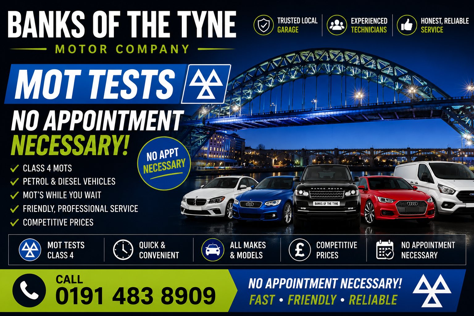MOT tests at Banks of the Tyne Motor Company, Hebburn: Class 4 MOTs, no appointment necessary