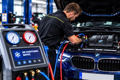 Technician connecting air conditioning service equipment to a car engine bay