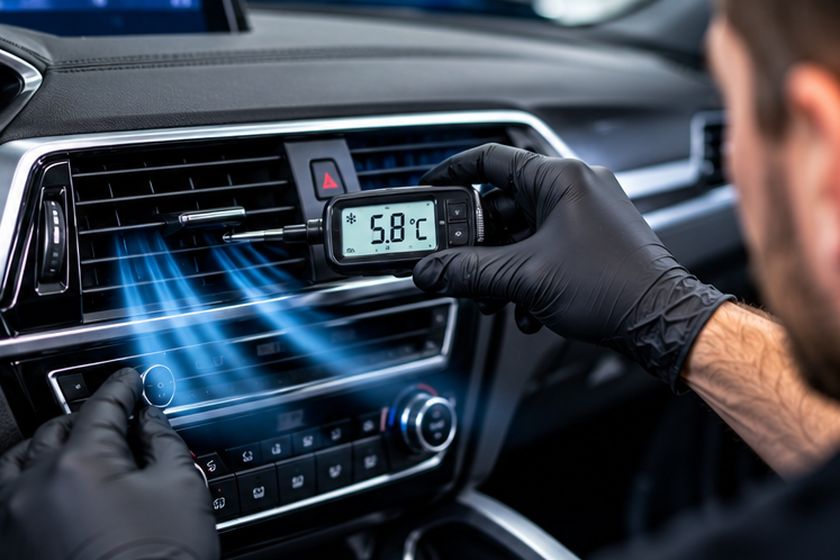 Car dashboard air conditioning display and vents during an air-con check