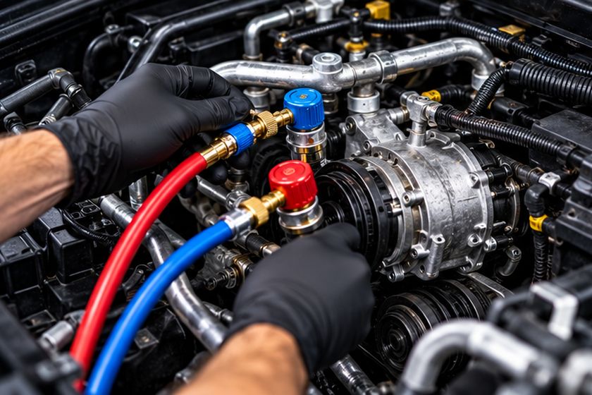 Air conditioning compressor and hoses being worked on in an engine bay