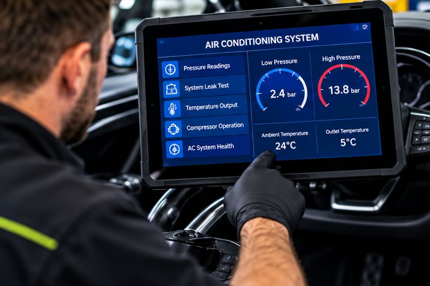 Technician reading air conditioning system pressures on a diagnostic tablet
