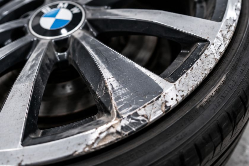 Kerb-damaged alloy wheel with scuffed and scraped spokes