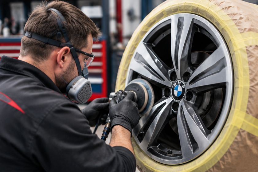Technician preparing an alloy wheel for refurbishment