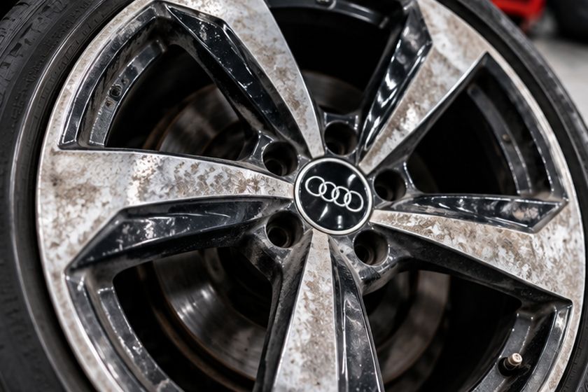 Alloy wheel before refurbishment showing worn and corroded finish