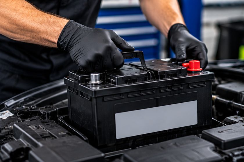 Technician fitting a car battery in an engine bay