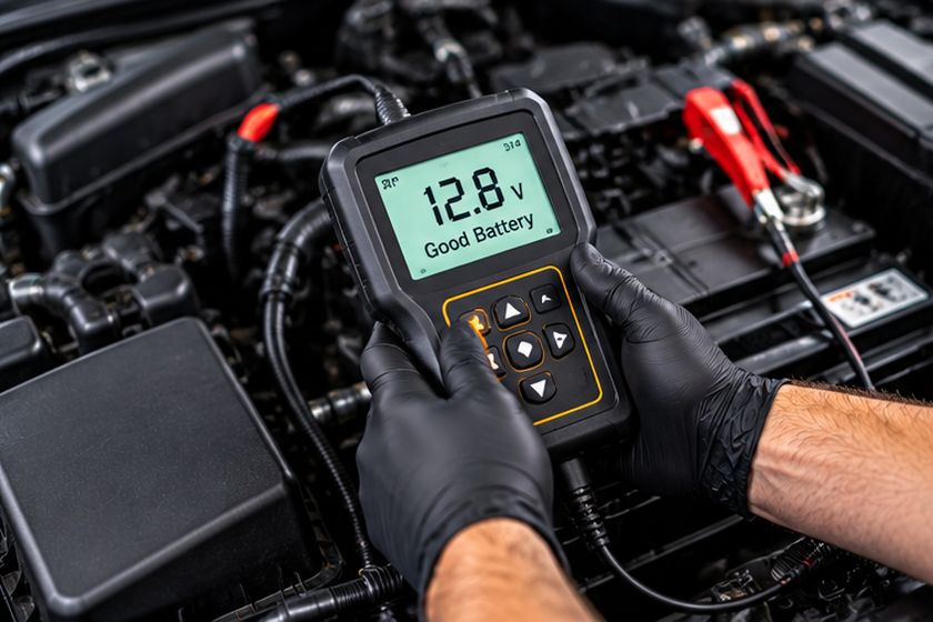 Digital battery tester showing a reading on a car battery