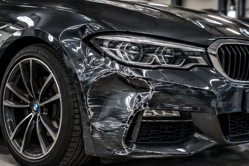 Car front wing and bumper with collision damage before repair