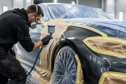 Technician spraying a car panel in a masked-off paint booth