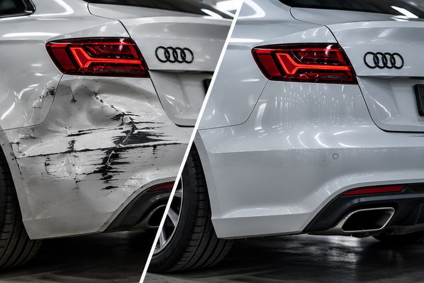 White car rear bumper and wing with scrapes and dents