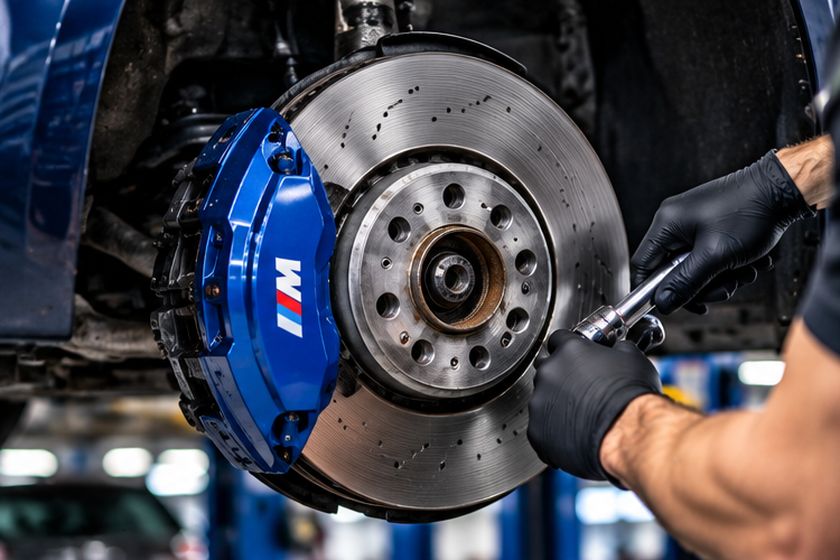 Brake disc and caliper on a hub with a technician working