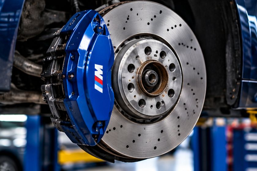 Drilled brake disc and caliper on a car
