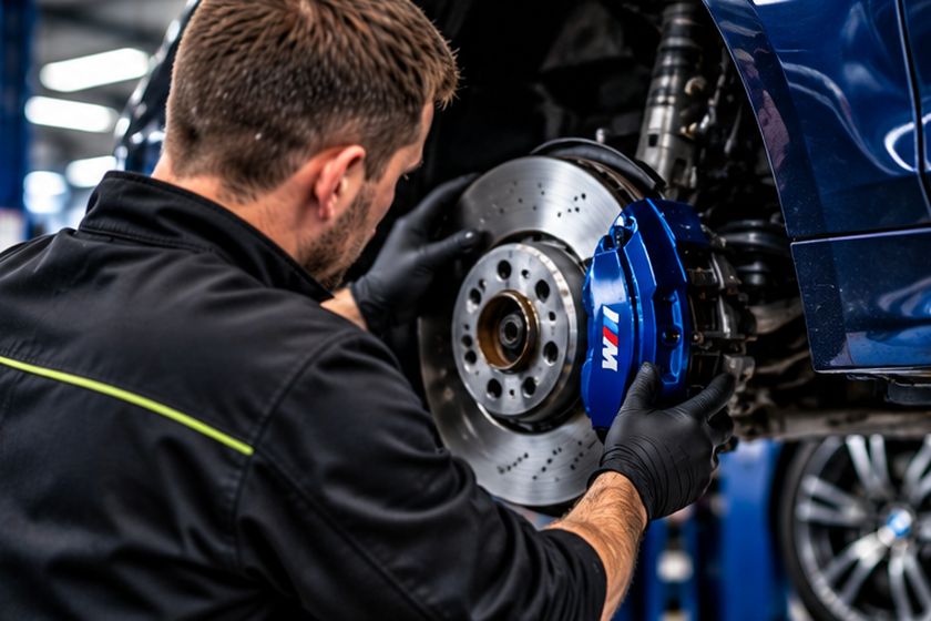 Technician inspecting a brake disc and caliper