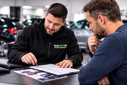 Staff member going through paperwork with a customer at a desk