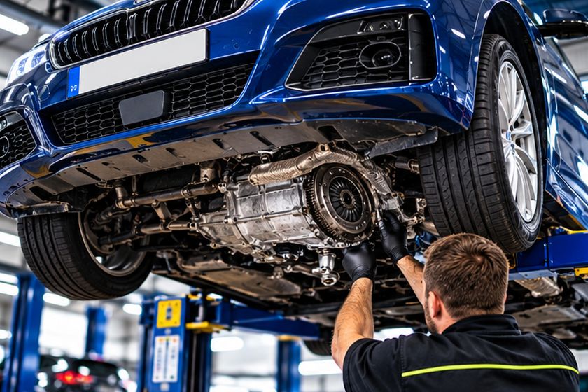Technician working under a raised car on the gearbox area