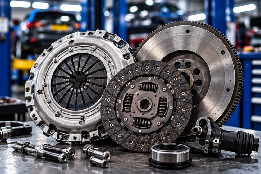 Clutch plate, pressure plate and flywheel laid out on a bench