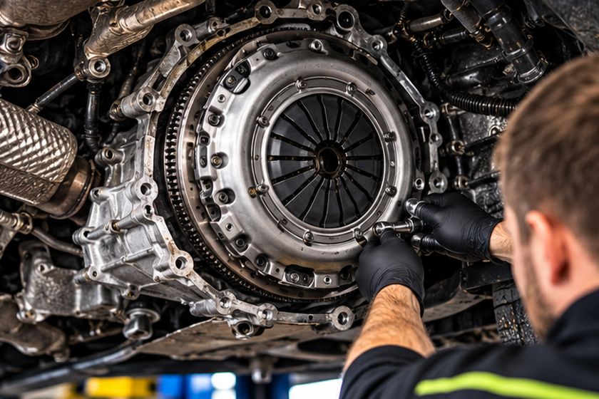 Clutch assembly inside the bell housing during a clutch job