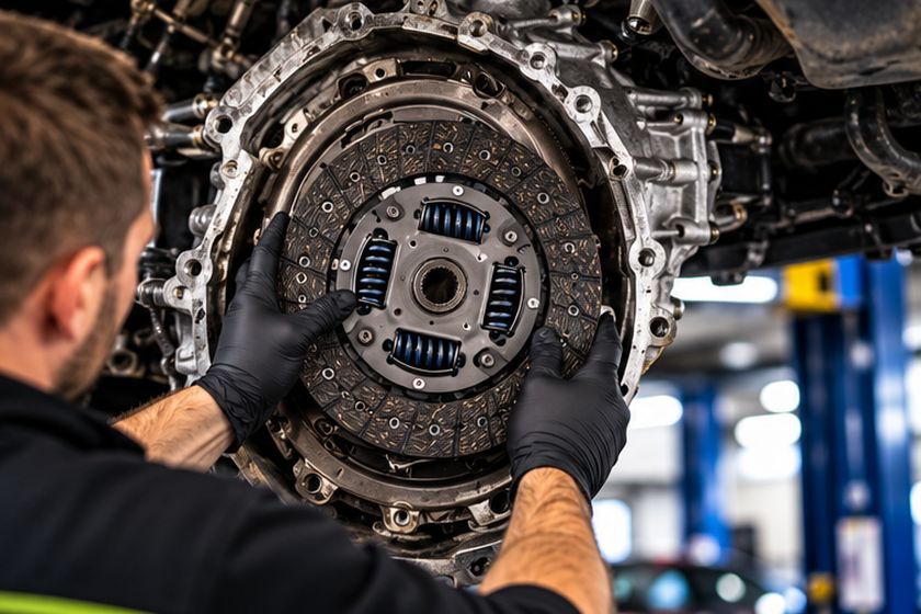 Technician fitting a clutch plate