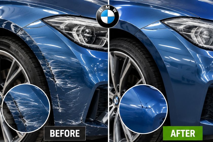 Before and after comparison of a repaired dent on a blue car wing