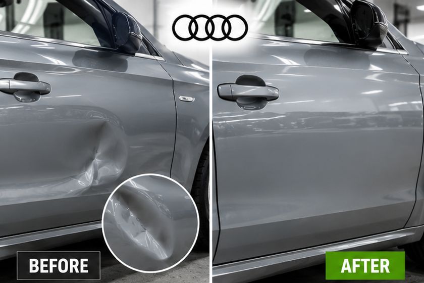 Before and after comparison of a repaired dent on a grey car door