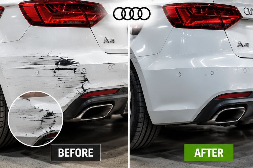 Before and after comparison of a repaired scratch on a white car bumper