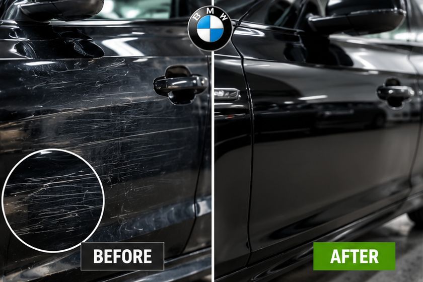 Before and after comparison of a repaired scratch on a black car door