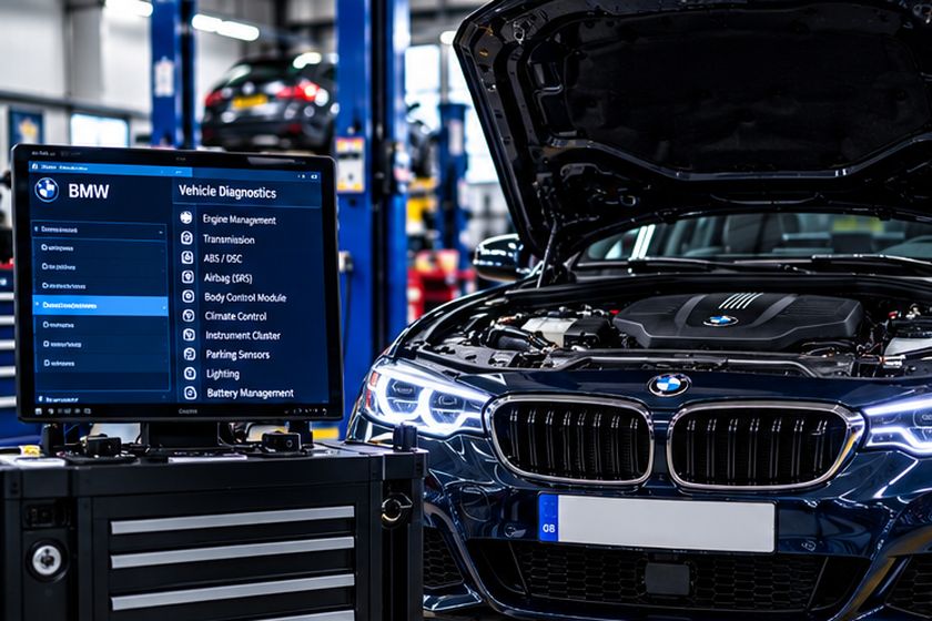 Diagnostic screen connected to a car in the workshop
