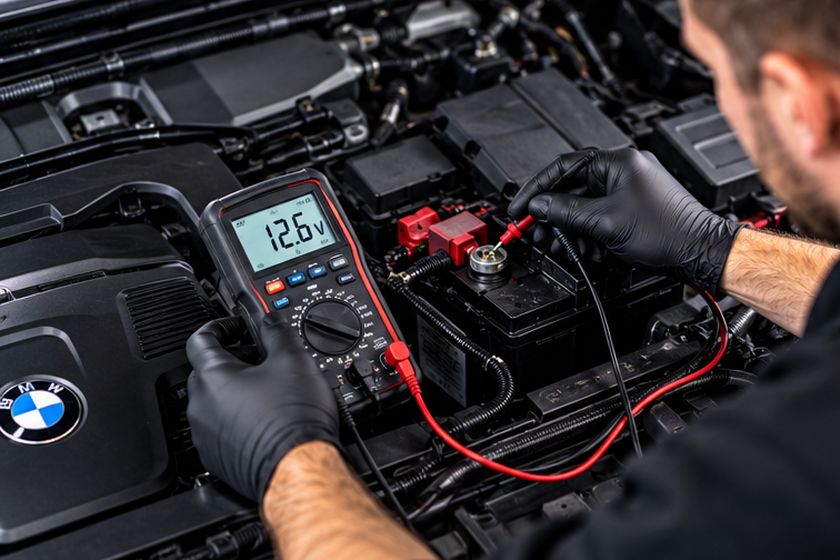 Technician testing a car's electrical system with a multimeter