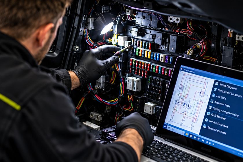 Technician tracing a fault in a fuse box with a laptop alongside