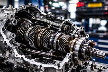 Dismantled manual gearbox showing gears and shafts