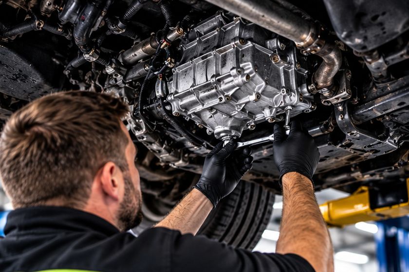 Technician lifting a gearbox beneath a raised car