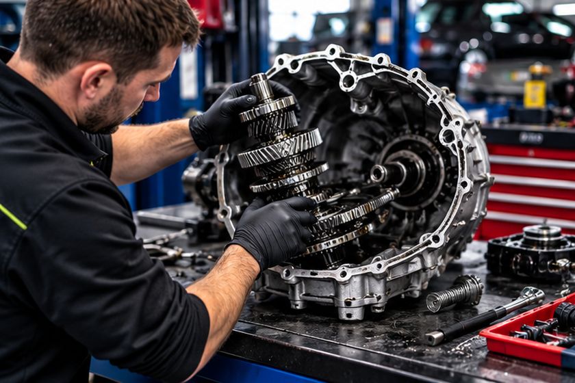 Technician working on a gearbox on the workshop bench