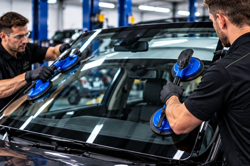 Two technicians lifting a windscreen into position with suction handles