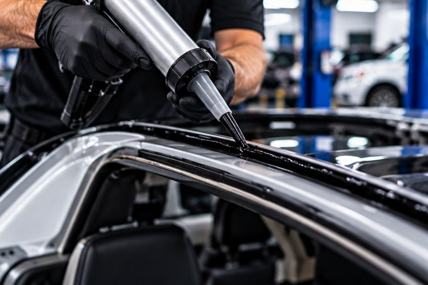 Technician applying a bead of adhesive for a windscreen replacement