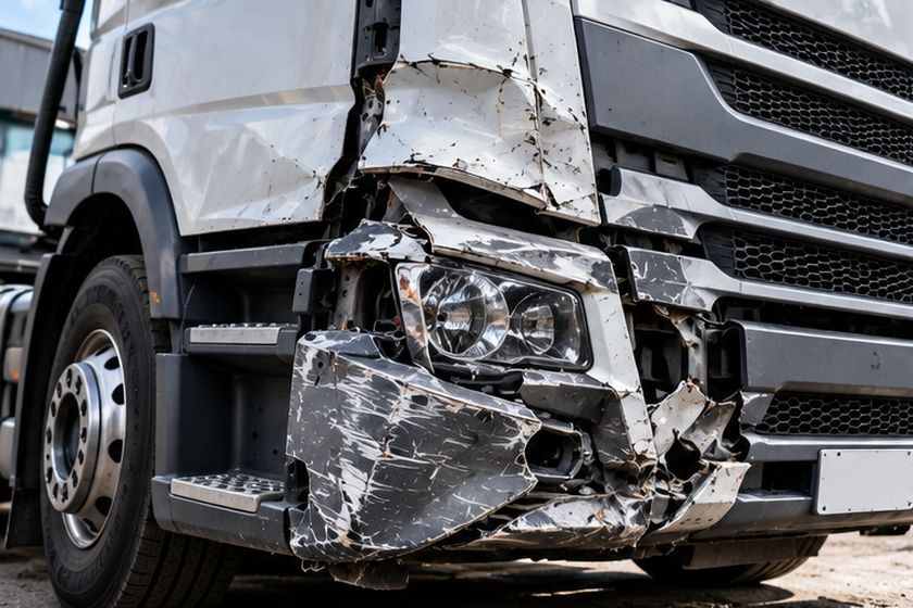 Lorry cab with front-end collision damage