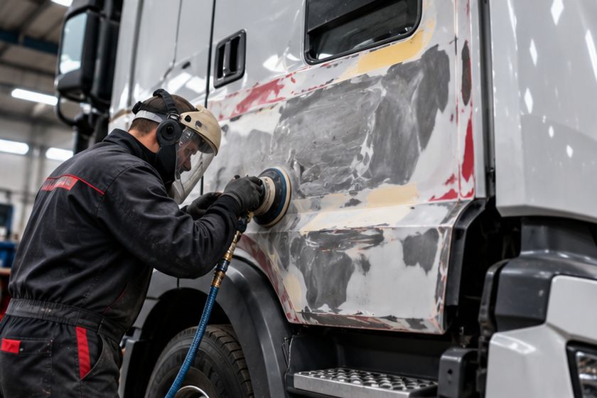Technician working on the bodywork of a large vehicle cab