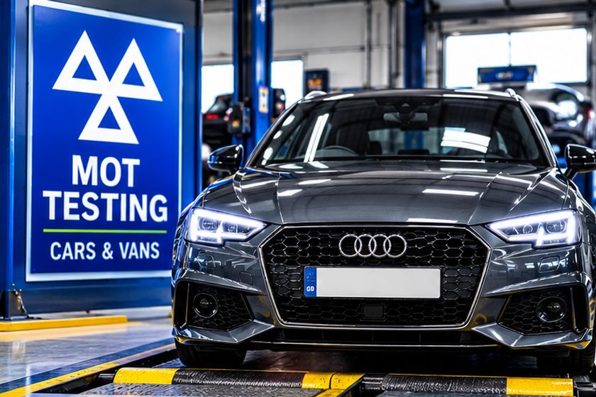 Car parked in front of an MOT testing sign for cars and vans