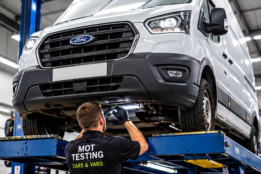 Technician inspecting the underside of a van on a ramp