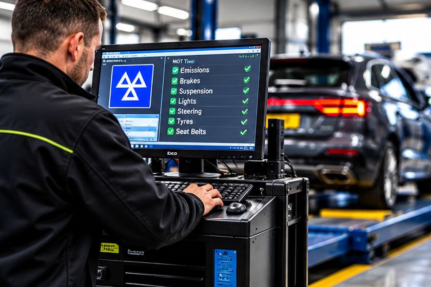 Technician entering MOT test results at a computer