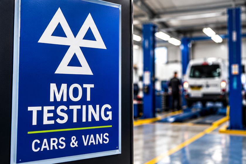 MOT testing sign for cars and vans in the workshop