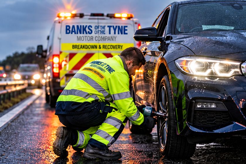 Recovery worker in hi-vis securing a car on a wet road beside a recovery truck