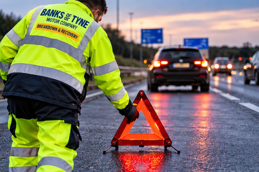 Recovery worker in hi-vis placing a warning triangle at the roadside