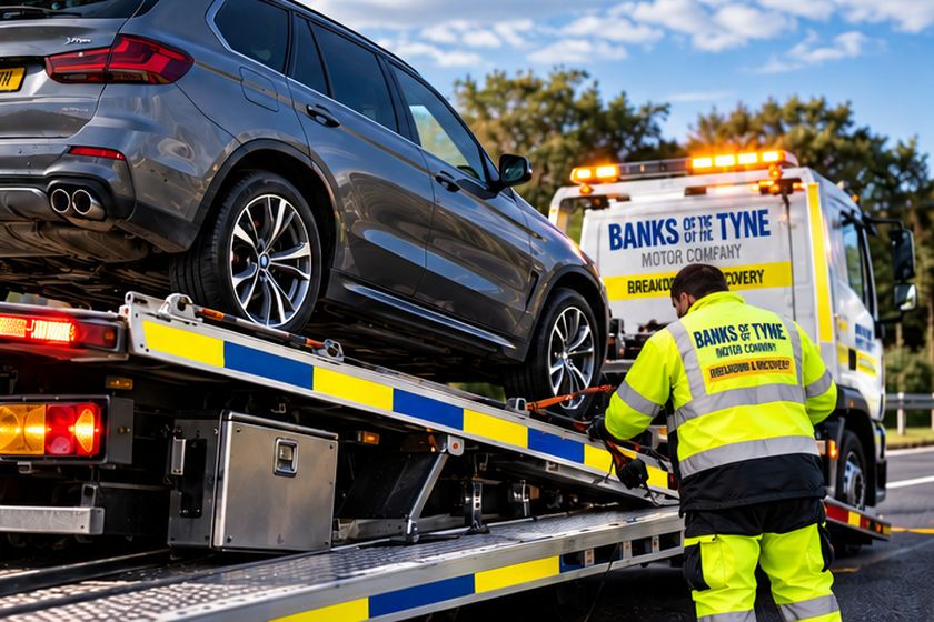 Car being winched onto a flatbed recovery truck