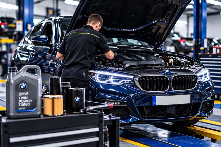 Technician working under the bonnet of a car during a service