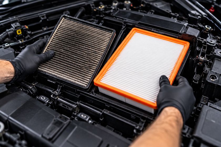 Technician holding an air filter during a service