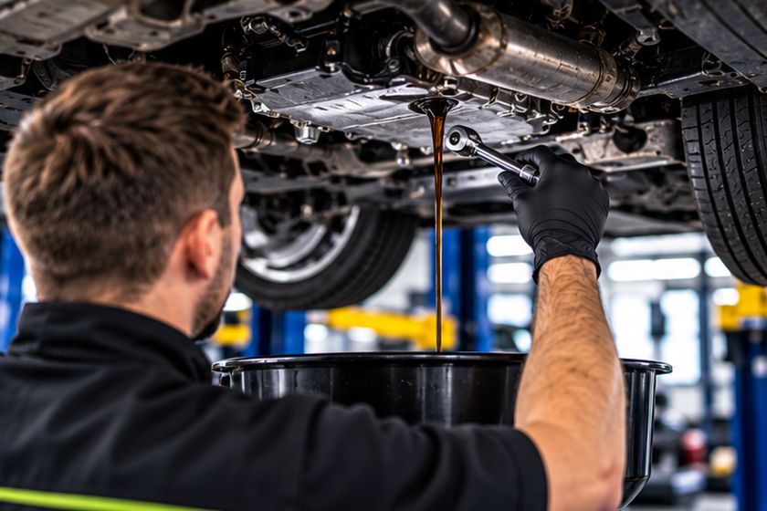 Technician draining oil from beneath a raised car