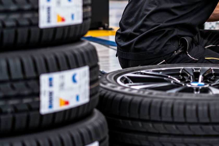 Stack of new tyres in the workshop