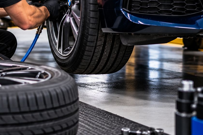 Technician fitting a tyre to a wheel